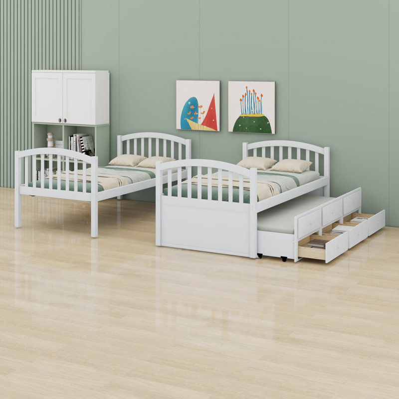 Bunk Bed With Ladder, Safety Rail, Trundle, Drawers, White