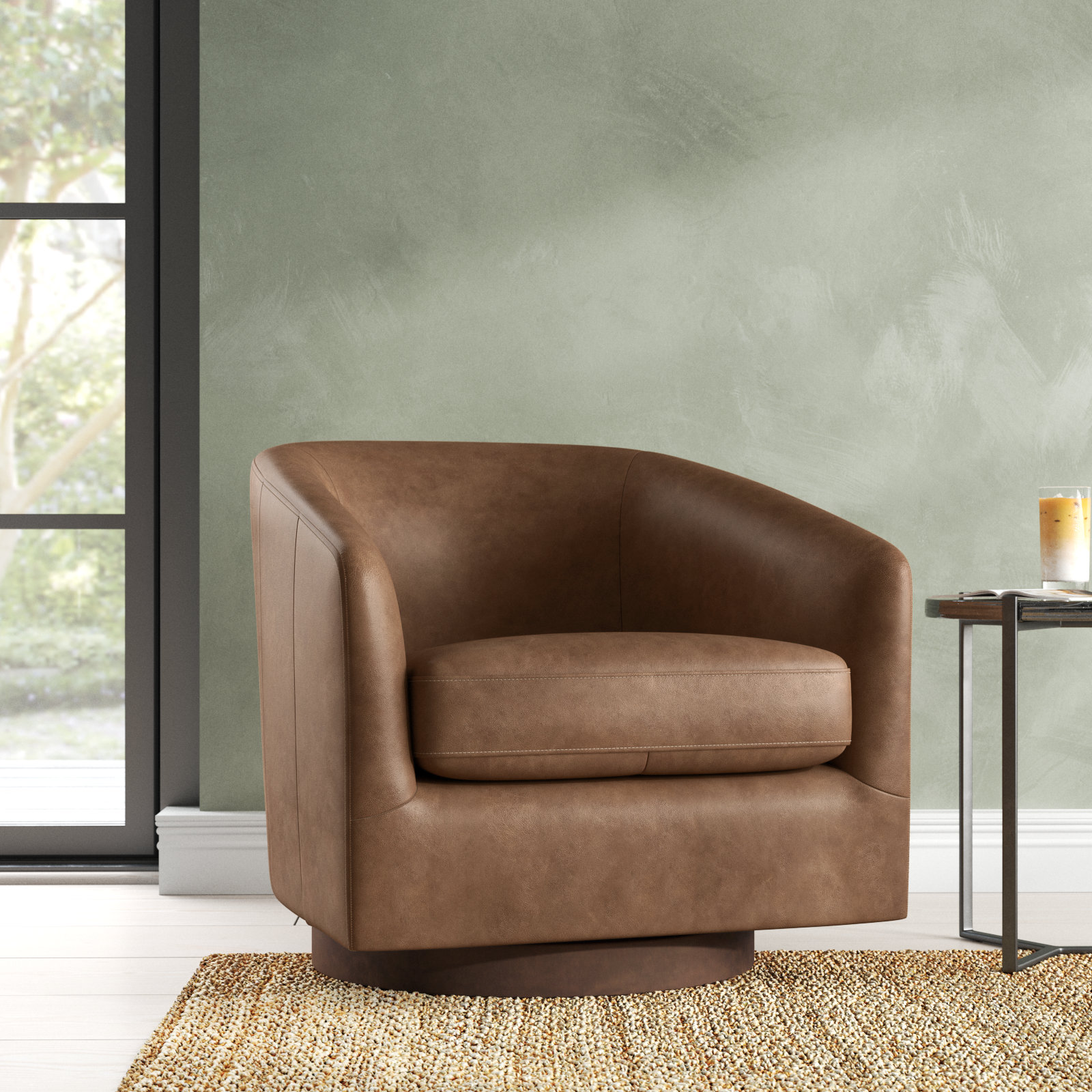 Bennett Genuine Leather Swivel Barrel Chair, Marseille Camel Top Grain Leather