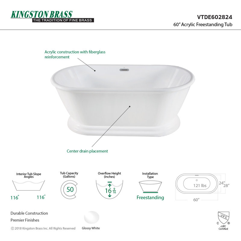 Baignoire de trempage sur piédestal 60 po x 28 po Aqua Eden