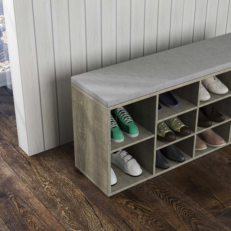 Banc de rangement, banc à chaussures, banc d'entrée avec coussin rembourré, tiroir et compartiments ouverts, banc avec rangement, banc à chaussures à 3 niveaux