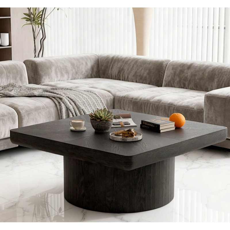 Square Coffee Table With Cylindrical Base, Black