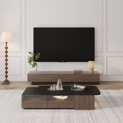 Meuble télé extensible pour téléviseur de 85 po ou moins, ensemble d'armoire de salon comprenant un meuble télé et une table basse avec tiroirs de rangement