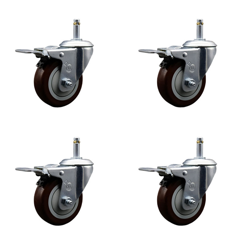 3.5 Inch Polyurethane Swivel 7/16 Inch Stem Caster Set with Total Lock Brake, Maroon