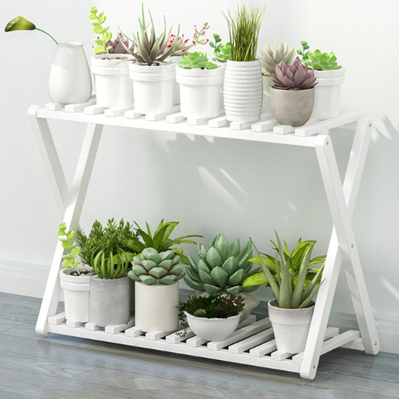 Support pour plante pliable en bambou 2 niveaux, Blanc