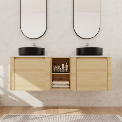 60'' Double Floating Bathroom Vanity With Ceramic Sink, Wall Mounted Bathroom Vanity With Soft Close Door And Shelf