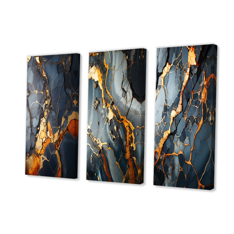 Gris et or abstrait marbre granit I - ensemble abstrait d'art mural sur toile de 3, Toile tendue, H 28 po x l 36 po