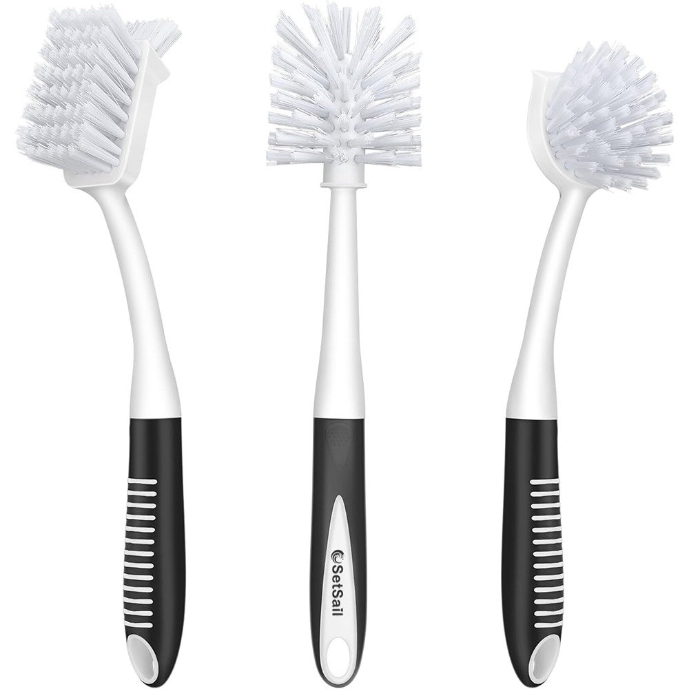 MR.siga Dish Brush with Long Handle Built-in Scraper, Scrubbing Brush for  Pans, Pack of 3