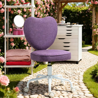 Chaise de bureau mauve avec dossier en forme de cœur, hauteur réglable, roulettes pivotantes à 360 degrés, lin respirant et mousse douce, pour un espace confortable