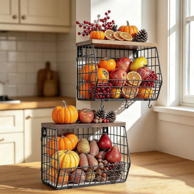 2 Tier Fruit Basket for Kitchen Counter, Stackable Wall Mounted Hanging Wire Basket with Wood Lid and 4 Banana Hanger Hooks, Onion Potato Fruit Vegetable Storage Organizer