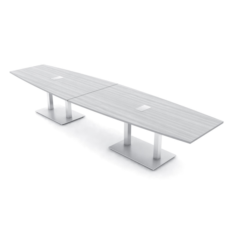 Table de conférence en forme de bateau avec base en métal double | Unité électrique, L 168 po x l 48 po, Cyprès blanc