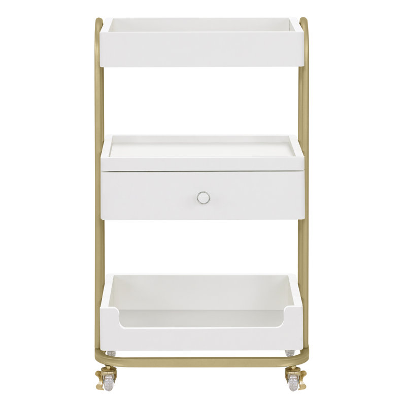 Utility Trolley with Wheels and Drawer, Stylist Rolling Storage Cart, White/Gold