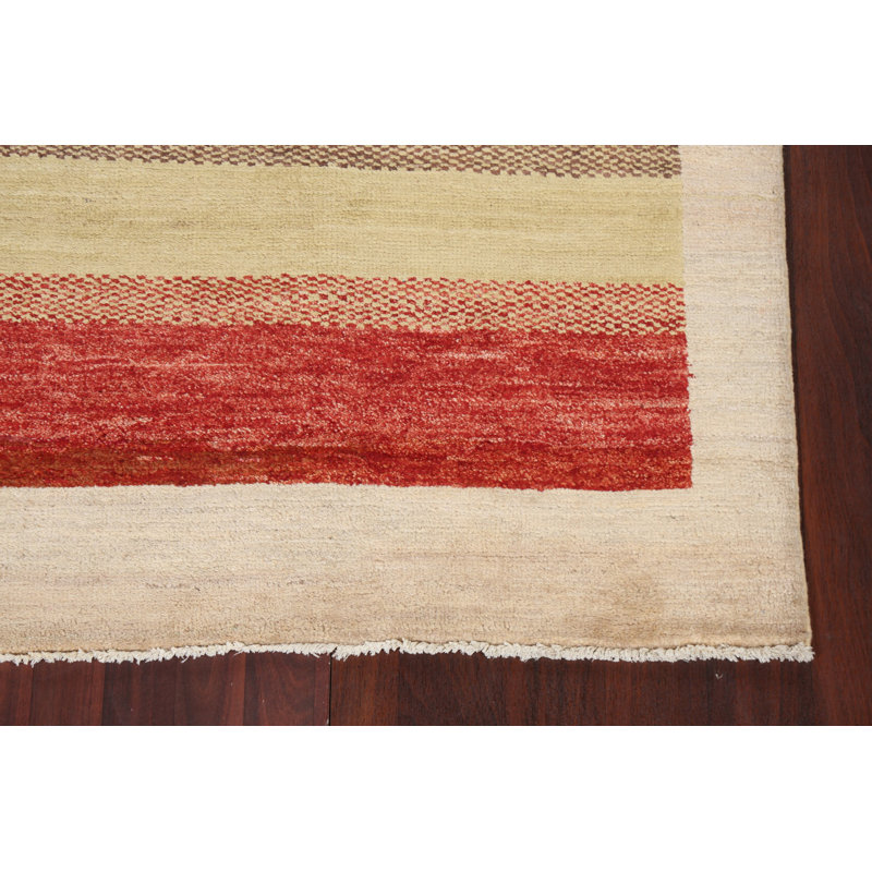 Tapis beige en laine noué à la main de conception unique 4 pi x 6 pi 1 po New Age