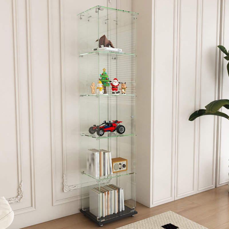 Vitrine en verre de qualité supérieure à 4 niveaux avec 5 modes DEL dynamiques, bibliothèque en verre trempé à une porte pour objets de collection et décor, vitrine sur pied pour la maison et le bureau, assemblage facile