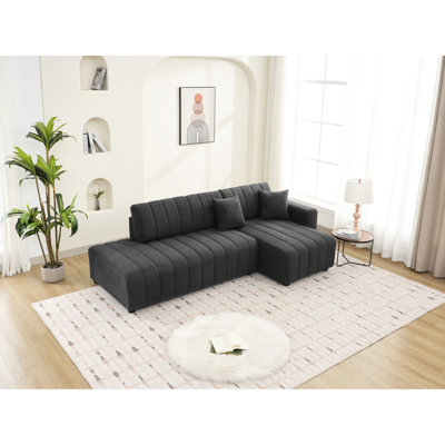 Scandinavian - Inspired 3 Seat L Shaped Corner , Dark Gray Wool, Foam Cushioning, Reversible Design, Channel Tufting, Minimalist Silhouette, Soft Fabric Filler, Button High Density