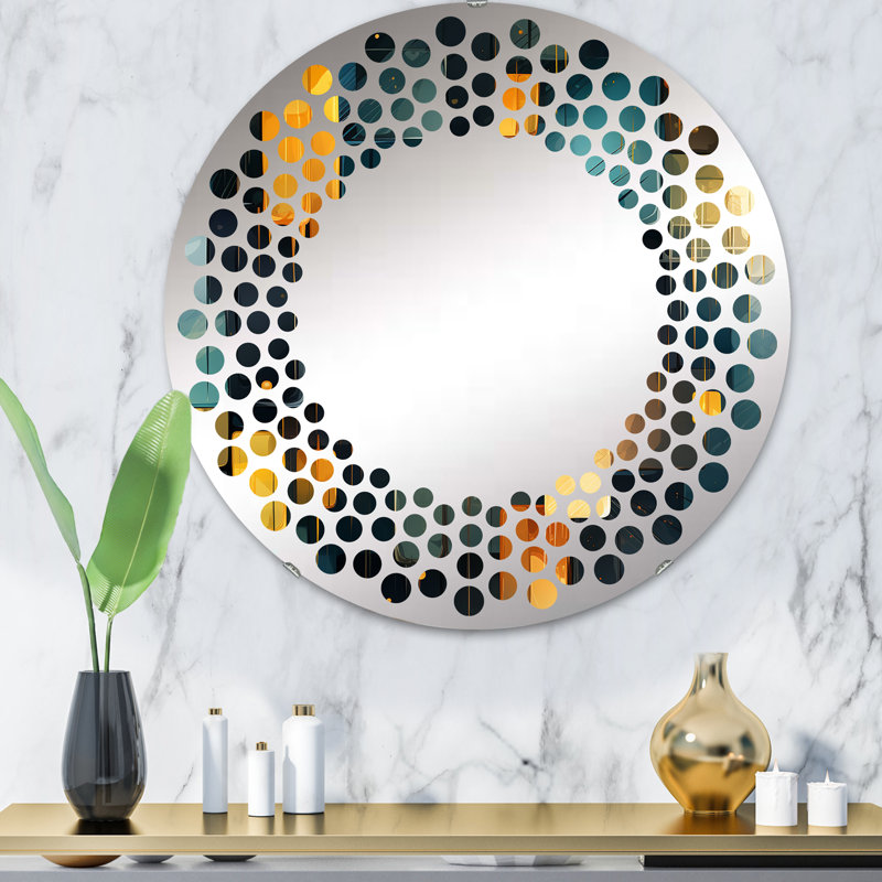 Jaune et bleu sarcelle abstrait géométrique Fusion II - Miroir mural à pois | Rond, 31,4 po x 31,4 po