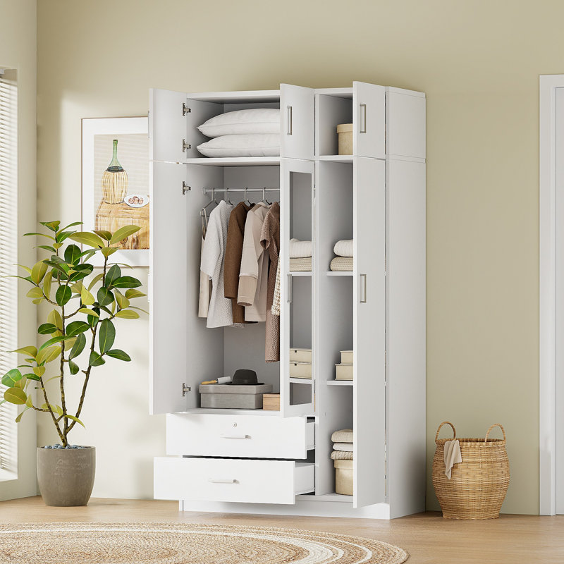 Armoire-penderie à miroir moderne à 3 portes avec 2 tiroirs et armoire supérieure, Blanc