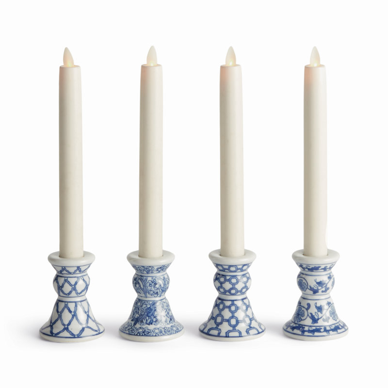 Bleu de Chine Ceramic Blue and White Chinoiserie Mini Taper Holders, Set of 4, Blue
