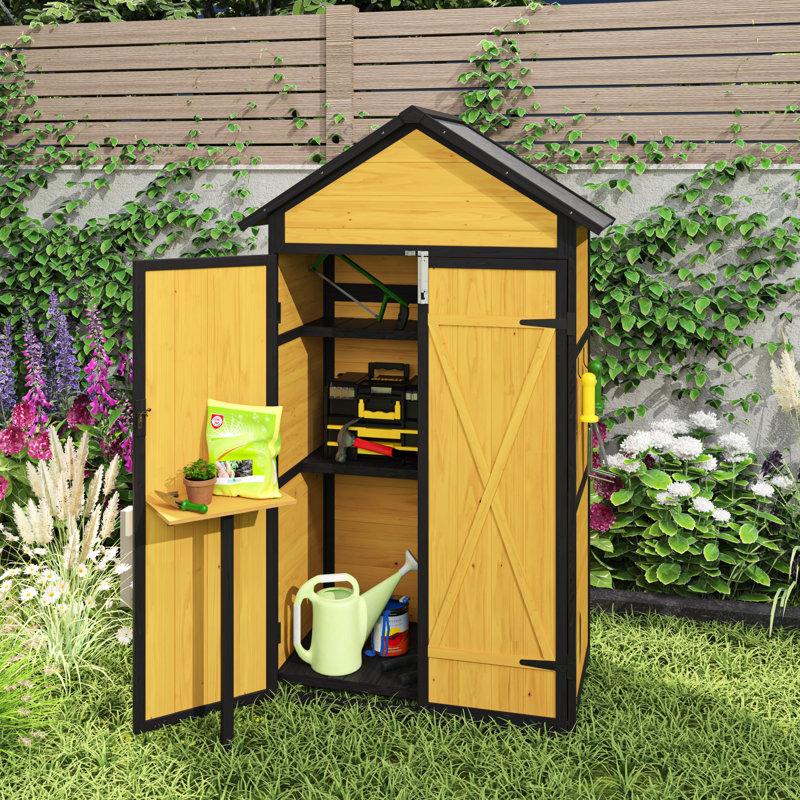 Rangement extérieur verrouillable, toit imperméable, table pliable, tablettes amovibles pour remise de jardin, établi, tablettes, rouille