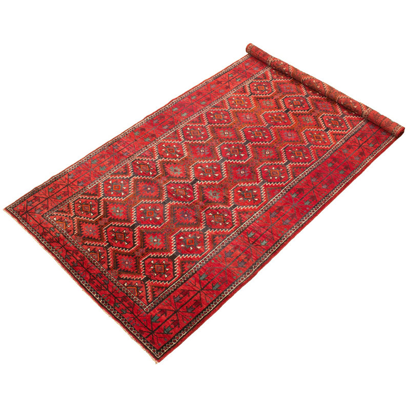 Tapis décoratif en laine rouge de conception unique 5 pi 3 po X 10 pi 6 po noué à la main 1980S