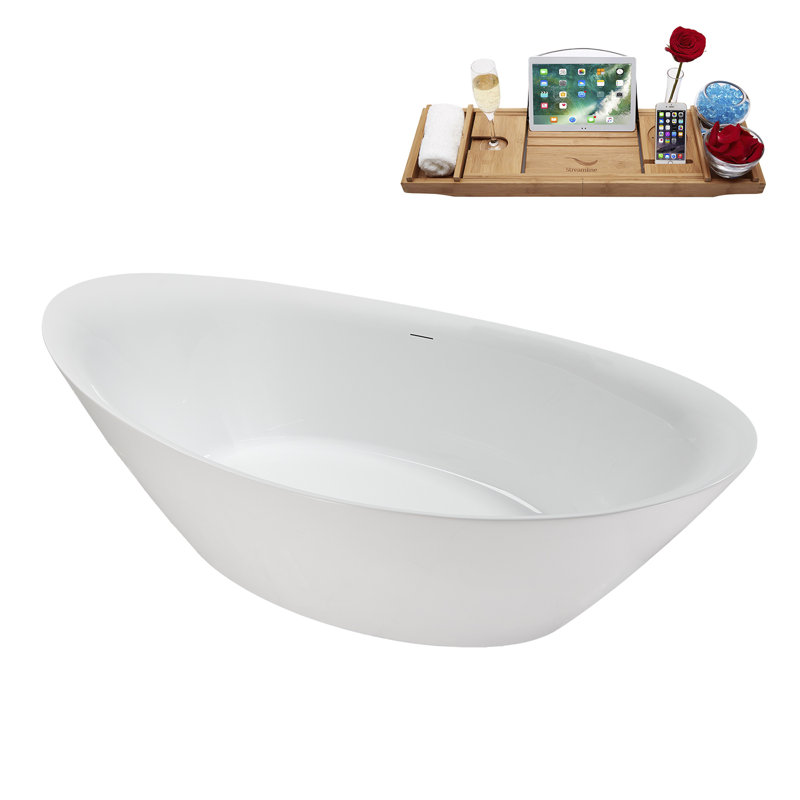 71" Streamline Soaking Glossy White Freestanding Tub and Tray With Internal Drain, Matte Oil Rubbed Bronze
