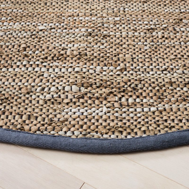 Tapis bleu / gris en cuir / coton tissé à la main Grund, Rond 7 pi