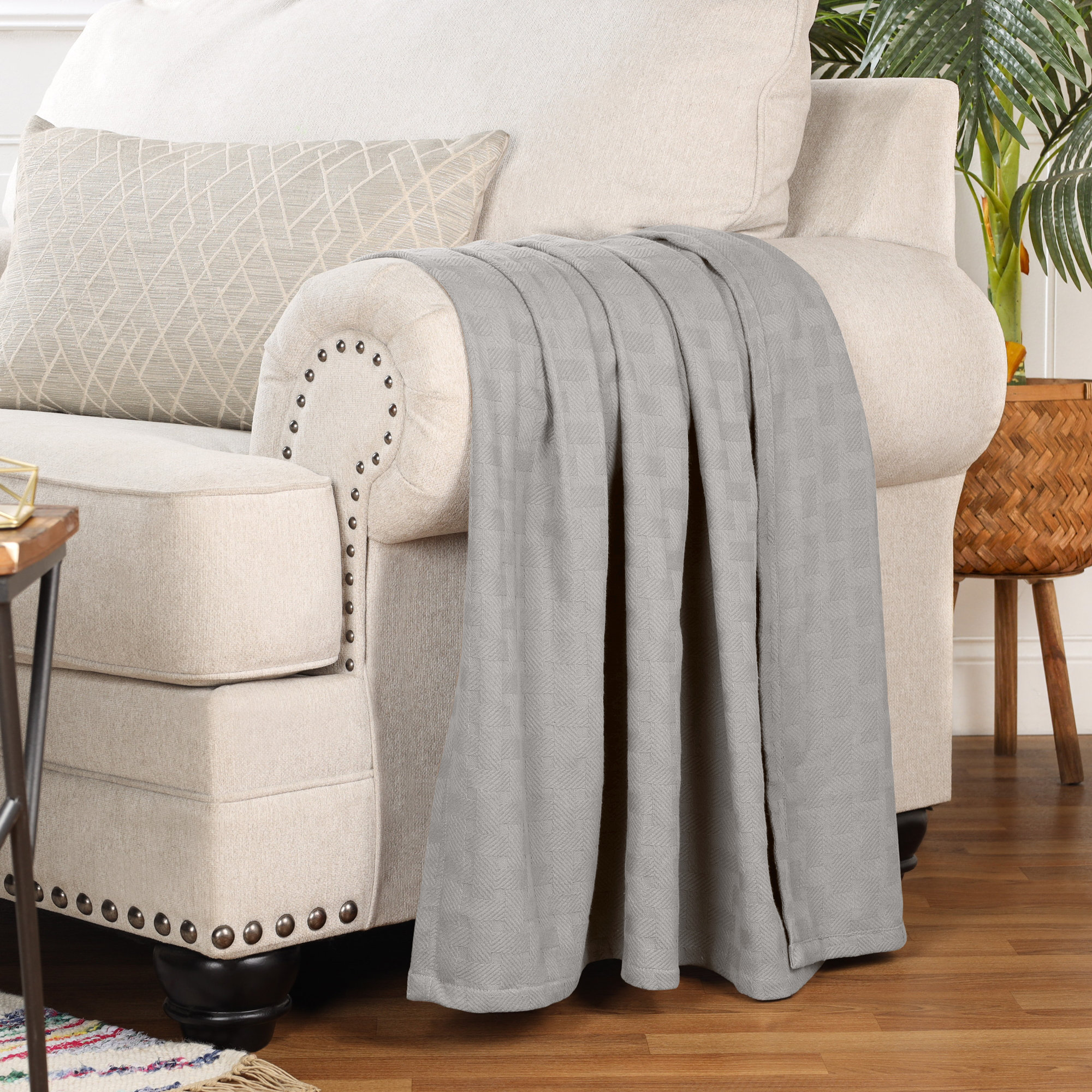 Bertie Cotton Machine Woven Throw Blanket, King, Gray