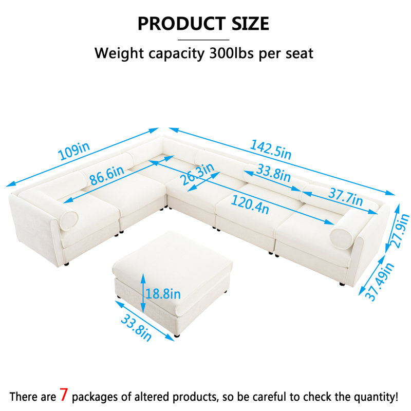 Chenille Modular Sectional Sofa For Living Room(7-Seater), Beige