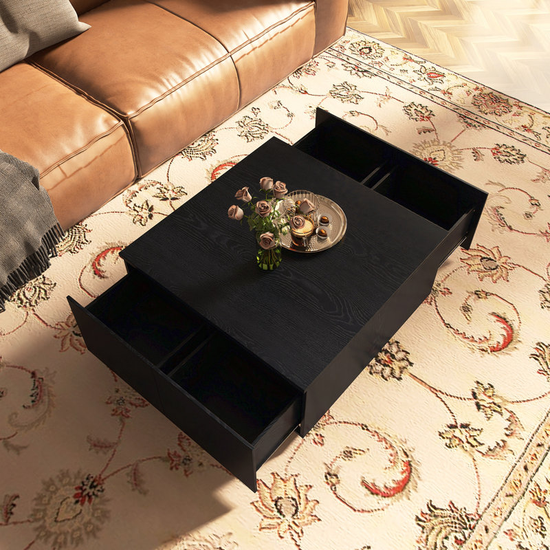 Square Coffee Table With 4 Drawers, Black