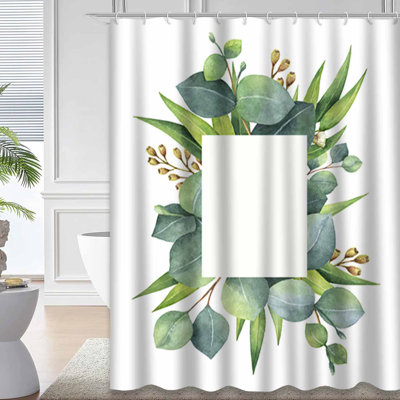 Floral Eucalyptus White Spring Green Shower Curtain with 12 Hooks