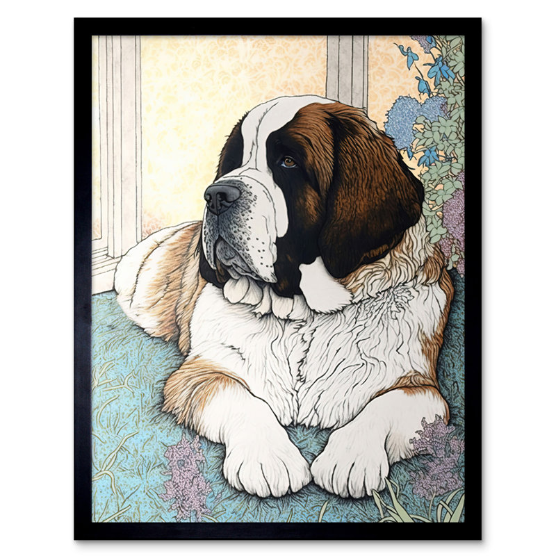 St Bernard Dog Lying By Flower Pot Modern Bright Multicoloured - Single Picture Frame Print
