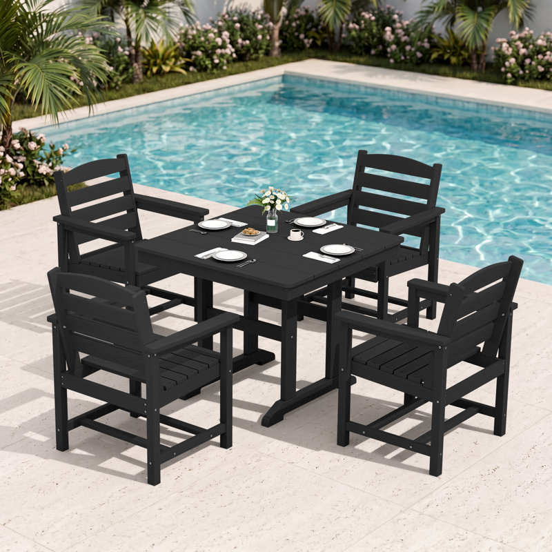 5-Piece Outdoor HDPE Dining Set, Patio Table With 4 Wide Armrest Chairs, All-Weather Garden Dining Furniture In Black, Black