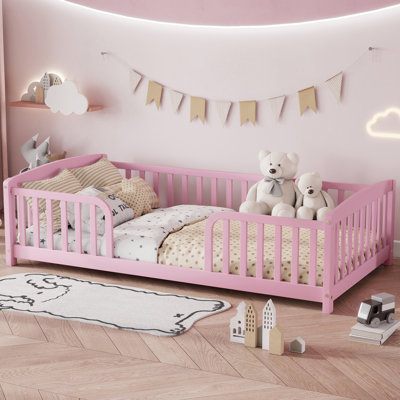 Lit simple pour enfants avec garde-corps, lit simple en bois de pin avec entrée centrale, lit de sécurité à profil bas, rose