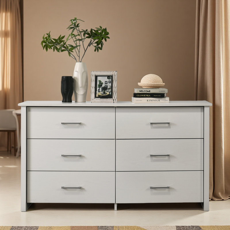Commode 6 tiroirs 57 po avec poignées, Blanc