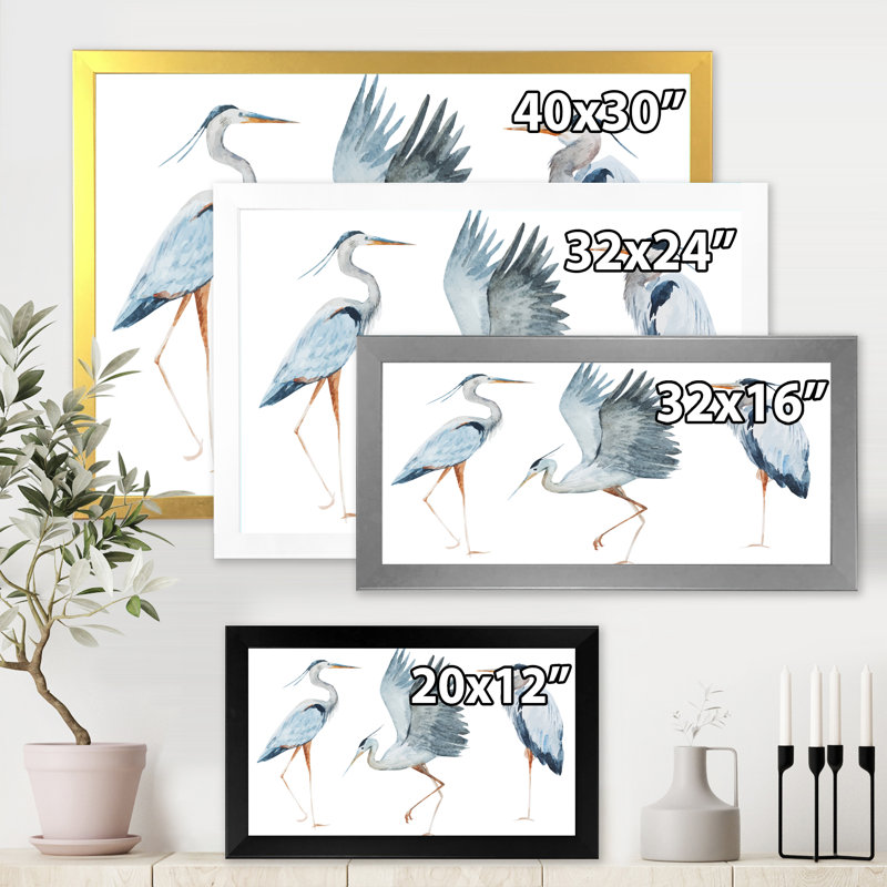 Heron oiseaux II - peinture sur toile encadrée, Cadre blanc, H 24 po x l 32 po x P 1 po