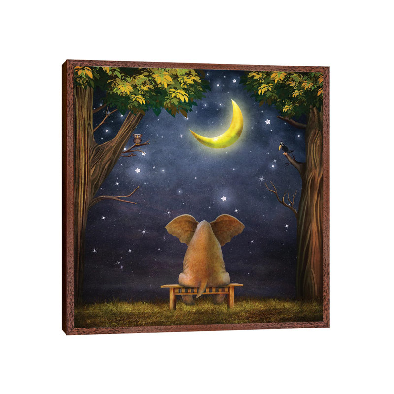Elephant On A Bench In The Night Forest - Print on Canvas, Classic Brown Wood Framed, 66.04 cm H x 66.04 cm W