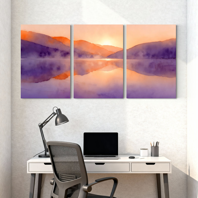 «Winter forest Sunset Mountains Reflection Watercolor Art», ensemble de 3 impressions sur toile, H 18 po x l 36 po