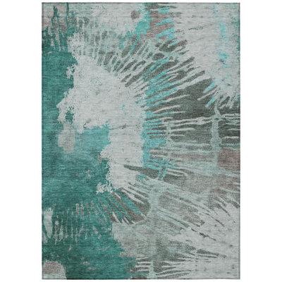 5' X 8' Dark Green Aqua And Gray Abstract Washable Indoor Outdoor Area Rug