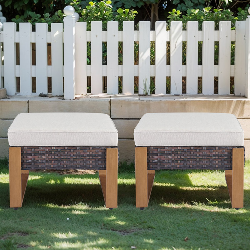 Drazen Outdoor Wicker Patio Ottomans Set - 2 Pieces Rattan Footrests With Thick Cushions, Brown, Beige
