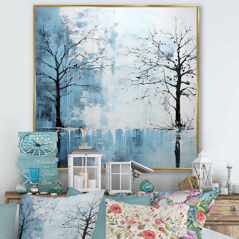 Minimalisme, charme d'arbre bleu sur toile, H 30 po x l 30 po x P 1 po, Cadre flottant doré