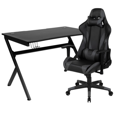 Ensemble de bureau de jeu et chaise de jeu inclinable avec porte-gobelet, crochet pour casque d'écoute et 2 trous de gestion des fils