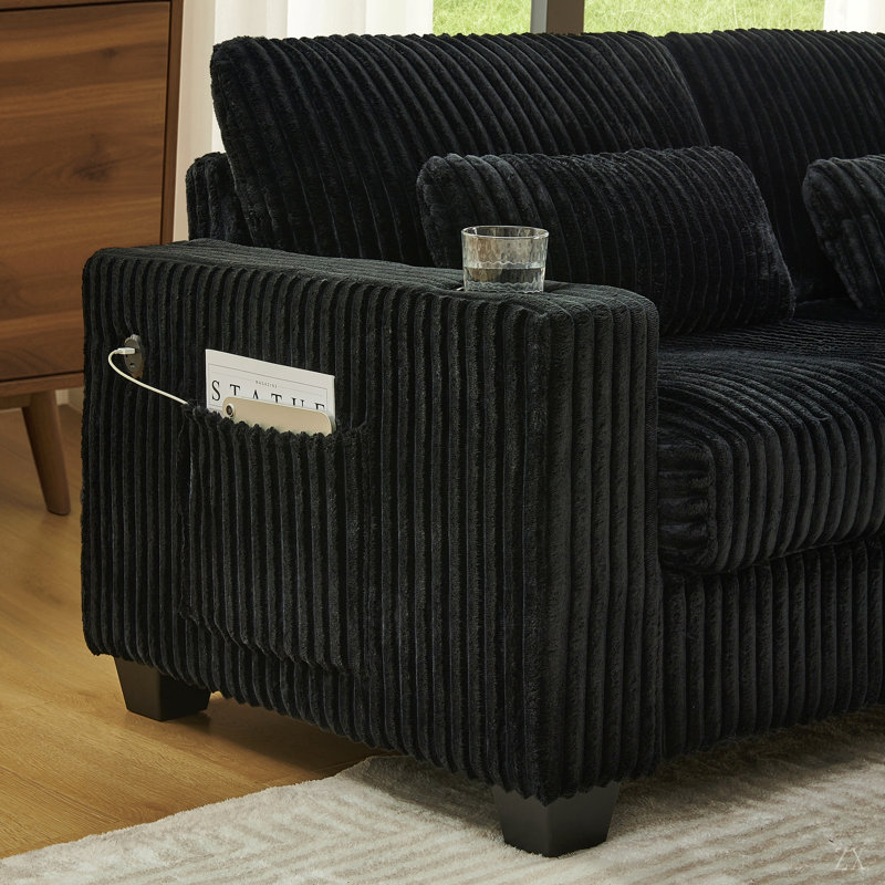 Canapé modulaire en L Corduroy, Velours côtelé noir, Noir