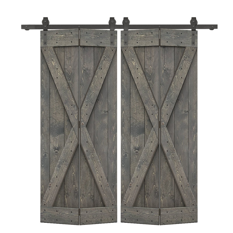Porte de grange pliante pré-assemblée en bois avec quincaillerie coulissante, Gris patiné, 48 po x 84 po