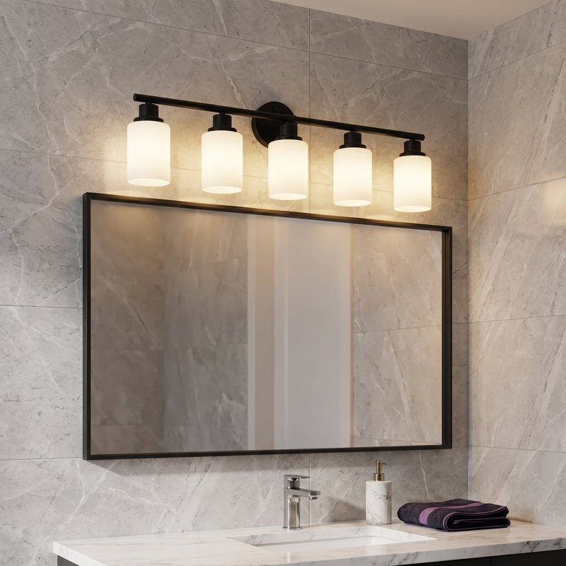 32'' 5-Light Black Bathroom Vanity Light Modern Wall Sconce with Milky White Frosted Glass Shades, Matte Black, 5 Lights