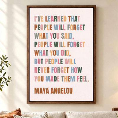 Maya Angelou Quote Portrait - Colorful Collage Wall Art Print on Brown Floater Frame Canvas, 24" H x 16" W, Ready to Hang