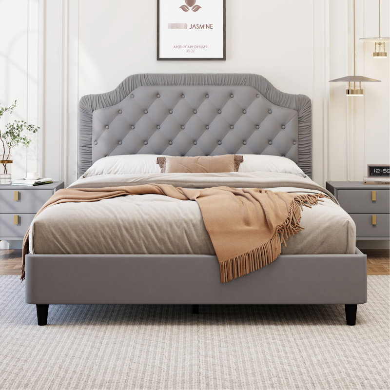 Élégant grand lit avec velours gris et tête de lit à boutons, sans sommier, base en bois massif, matelas préféré de 12 po
