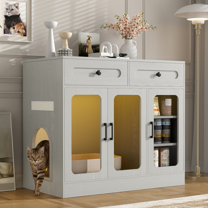 2 In 1 Hidden Cat Litter Box Enclosure Furniture, Gris