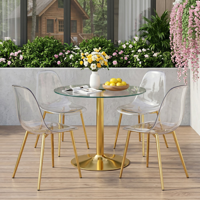 Modern 5-Piece Round Tempered Glass Dining Set with Acrylic Chairs for Small Spaces, Clear/Gold, Gold
