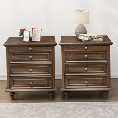 Set Of 2 Nightstands With 4 Storage Drawers, Wood End Table With 4 Solid Wood Feet And Metal Handle