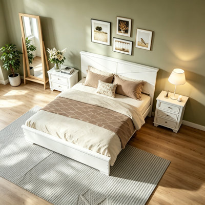 Full Size Platform Bed With chic Design headboard,bamboo Wood Platform Bed With Wood Slats Support,bamboo Bed Frame For Bedroom, Guest Room, Modern Apartment,low Profile Design And No Box Spring Needed,white.