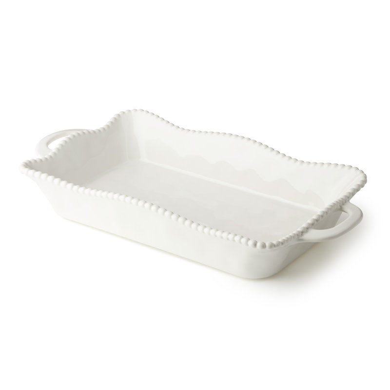 Perlette Cream Medium Rectangular Ceramic Baker – 14 x 8.75 Inch Elegant Scalloped Stoneware Bakeware with Beaded Rim – Oven-to-Table Dish for Casseroles, Roasts, and Everyday Entertaining